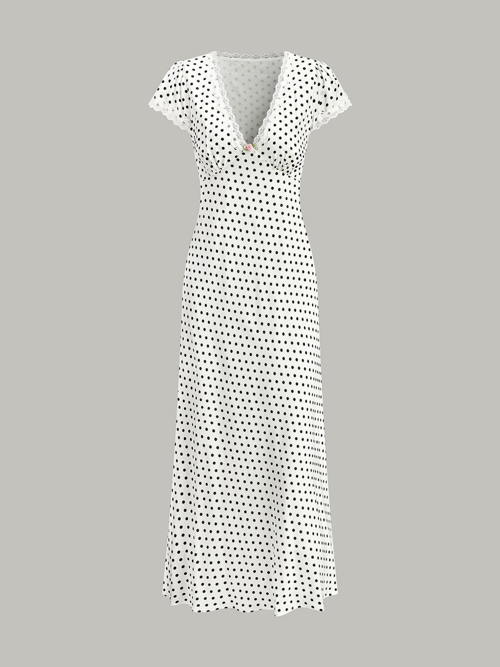 Commense Polka Dot Midi Dress Black White Lace Trim V Neck Tie Waist Romantic L